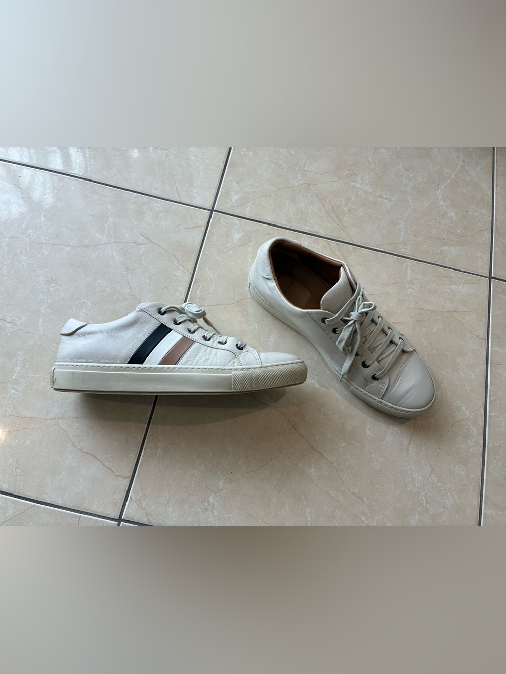Boss Low-Top Leather Sneakers in Off-White with Navy and Tan Stripes
